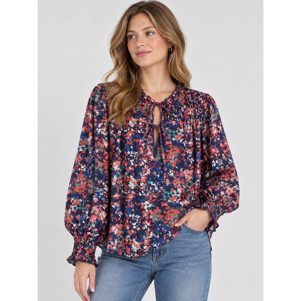 Ophelia Roe Floral Smocked Keyhole Blouse Navy Coral 3X NWT Cottagecore Romantic